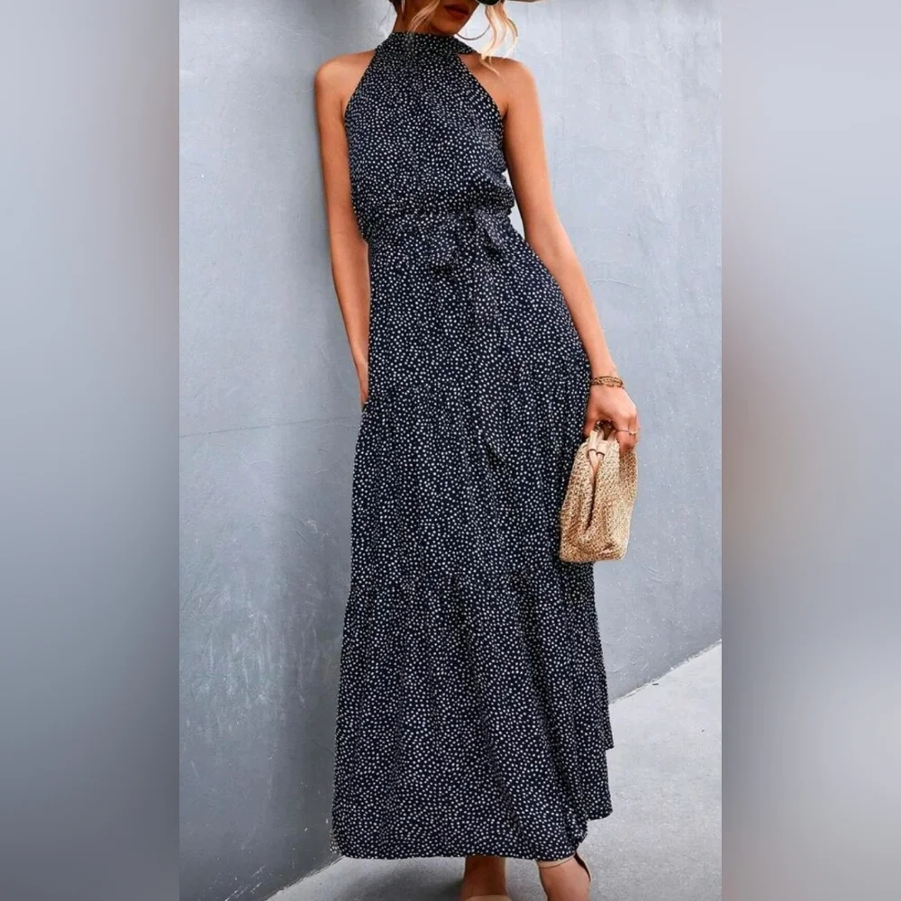 NEW Chic Dot Print Tiered Ruffle Halter Maxi Dress Navy Blue White - Picture 6 of 9